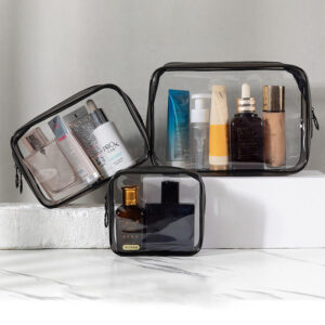 Customized vertical waterproof wash storage black pvc 3-piece transparent cosmetic bag