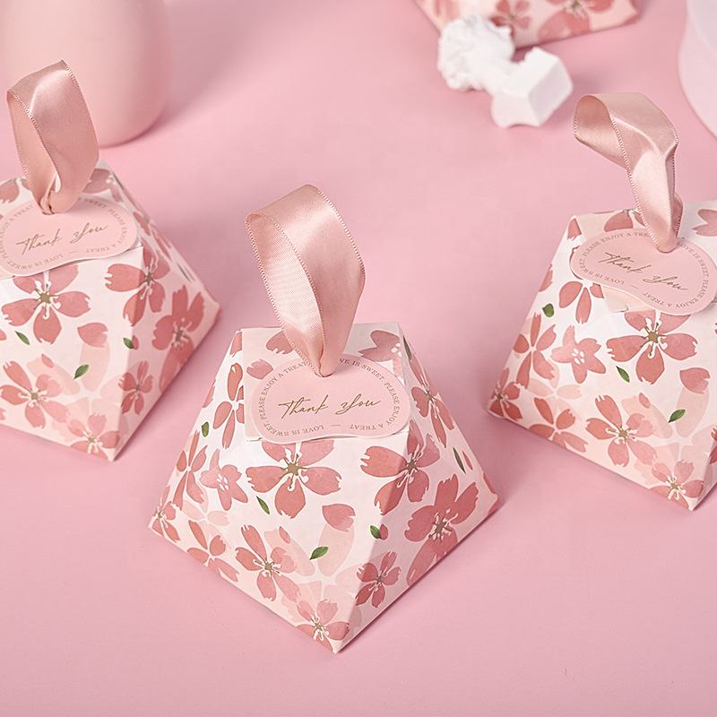 New Style Romantic Pink Floral Cherry Blossom Valentine Wedding Favor Box with Silk Ribbon