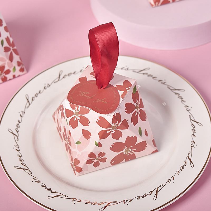 New Style Romantic Pink Floral Cherry Blossom Valentine Wedding Favor Box with Silk Ribbon